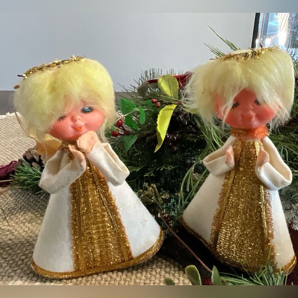 Vintage Lot of 2 Felt Christmas Angel Tree Toppers Japan MCM White Gold